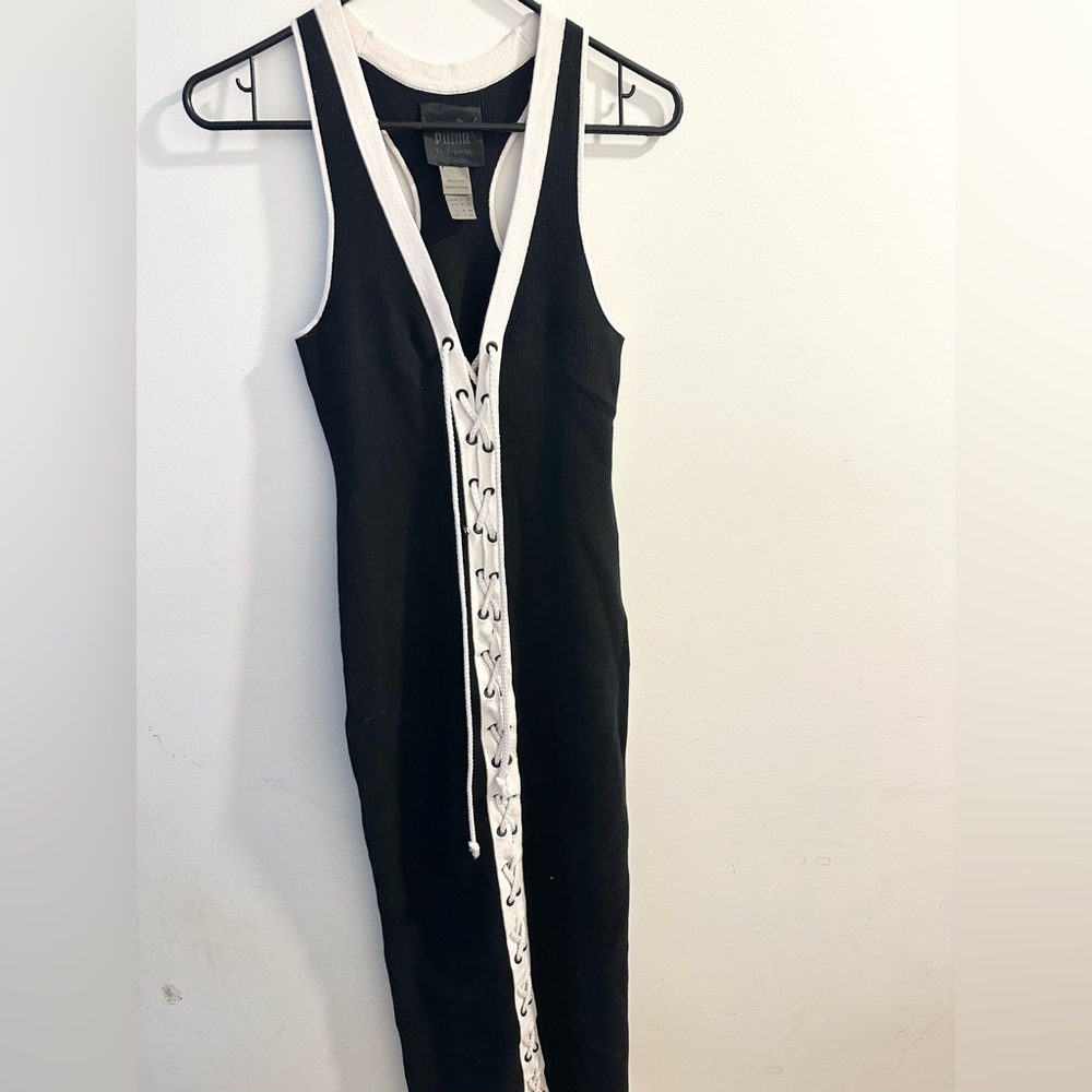 Fenty by Puma Lacing Ribbed Midi Dress in Black & White - 076 - Picture 4 of 8